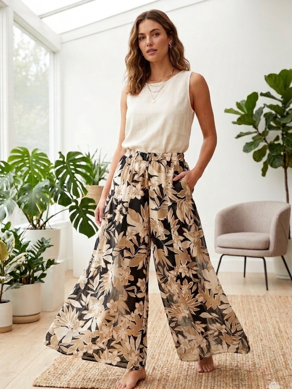 Women's Promesa Sheer Wide Leg Floral Pants With Shorts Liner - Size Large